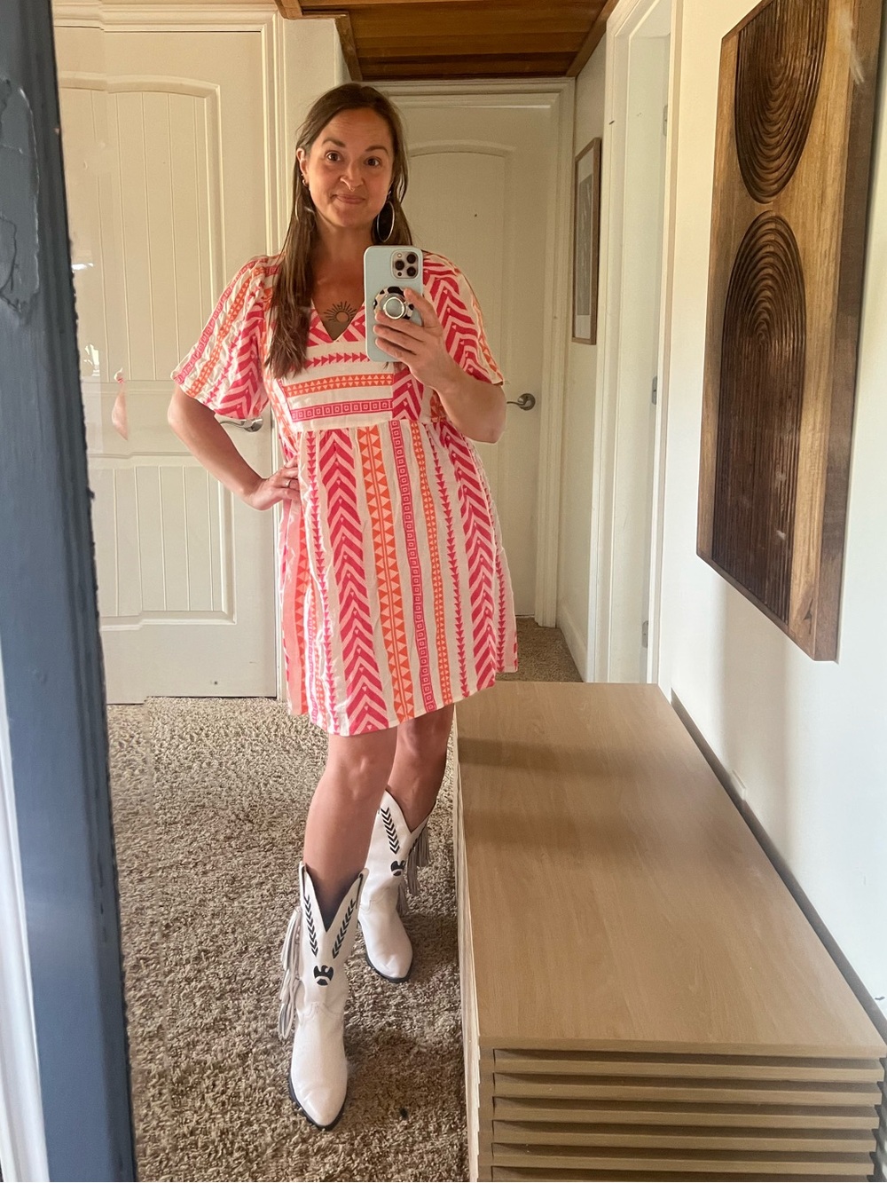 Vibrant Pink & Orange Patterned V-Neck Dress Lightweight Summer Party Festival